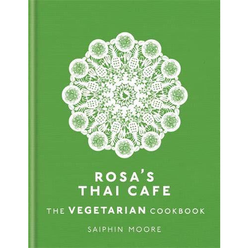 Hardcover of Rosa's Thai Cafe Vegetarian Cookbook by Saiphin Moore, showcasing colorful Thai dishes on the cover.