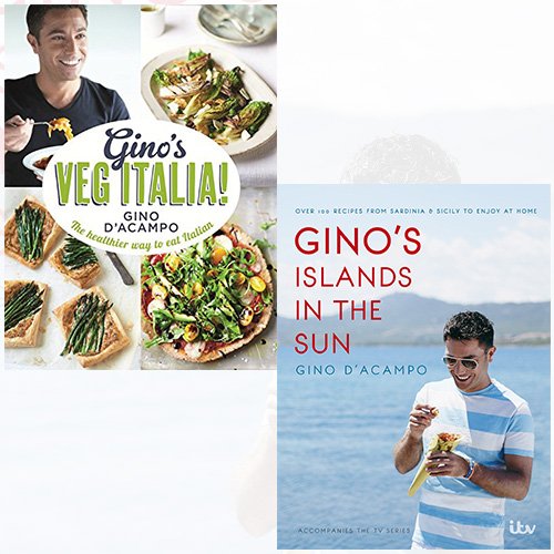 Gino D'Acampo Gino's Veg Italia & Islands in the Sun 2-book collection set hardcover by Hodder & Stoughton, featuring colorful book covers.