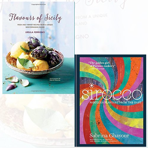 Hardcover book bundle featuring "Flavours of Sicily" and "Sirocco" by Ursula Ferrigno and Sabrina Ghayour, showcasing colorful cover designs.