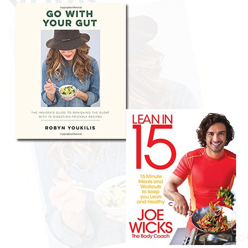 Two paperback books from Robyn Youkilis's "Go With Your Gut, Lean In 15" collection, featuring colorful covers and titles.