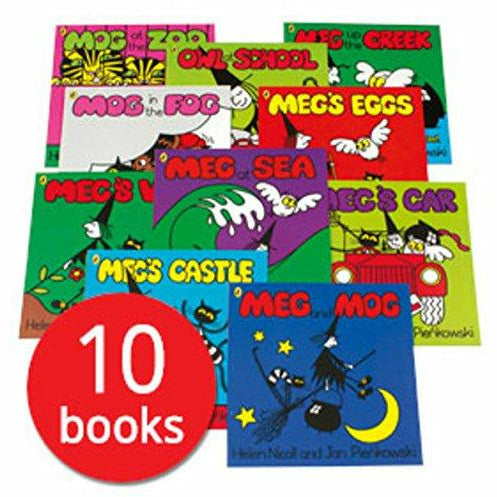 Set of ten Puffin Meg and Mog books by Helen Nicoll and Jan Pienkowski, featuring colorful paperback covers with whimsical illustrations.