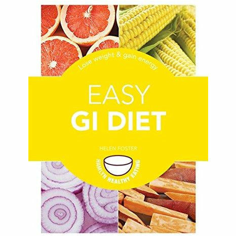 Paperback book titled "Easy GI Diet" by Helen Foster, showing the cover with title and author, focused on glycaemic index diet tips.