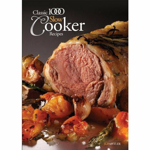 Paperback cookbook featuring The Classic 1000 Slow Cooker Recipes by Sue Spliter, with colorful dish photos and recipe pages.