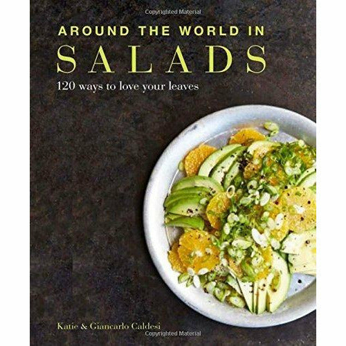 Cook Japanese at Home and Salad Recipes books by Katie and Giancarlo Caldesi, featuring colorful pages and culinary tips.