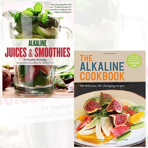 Set of two books by Dr. Stephan Domenig on alkaline juices, smoothies, and healthy recipes, featuring colorful cookbook covers.