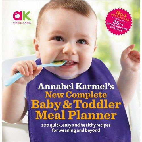 Annabel Karmel baby and toddler meal planner collection set with three colorful books on a white background.