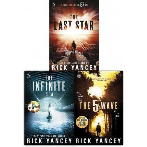 The 5th Wave trilogy book set by Rick Yancey in paperback, featuring three young adult sci-fi novels with vibrant cover art.