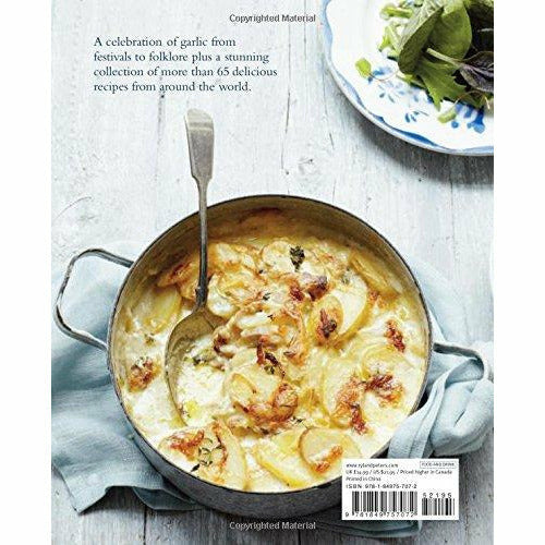 Hardcover book titled "Garlic: More Than 65 Deliciously Different Ways to Enjoy Cooking With Garlic" by Jenny Linford, featuring garlic dishes.