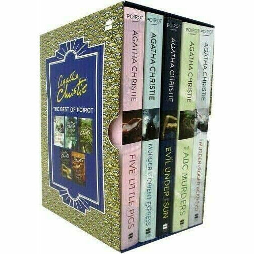 Set of five paperback Hercule Poirot mystery books by Agatha Christie, published by Harper Collins, featuring classic detective stories.