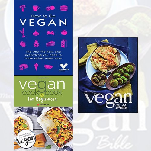 Set of three vegan books including Vegan Bible, How To Go Vegan, and Vegan Cookbook for Beginners by Veganuary and Iota.