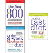 Set of three paperback books by Michael Mosley on The Fast 800, blood sugar diet, and fasting, featuring colorful cover designs.