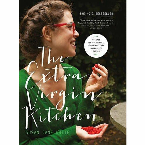 Set of two paperback cookbooks by Susan Jane White, The Virtuous Tart and The Extra Virgin Kitchen, featuring healthy recipes.