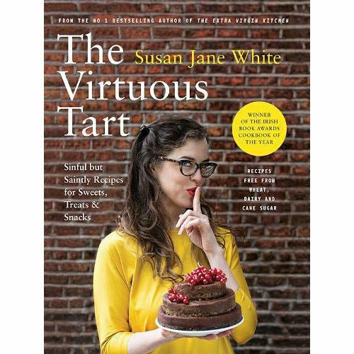 Set of two paperback cookbooks by Susan Jane White, The Virtuous Tart and The Extra Virgin Kitchen, featuring healthy recipes.