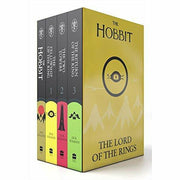 Four paperback Tolkien books including The Hobbit and The Lord of the Rings collection by J. R. R. Tolkien displayed in a box set.