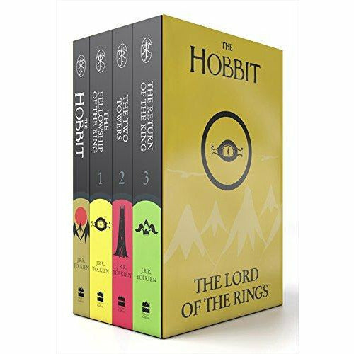 Four paperback Tolkien books including The Hobbit and The Lord of the Rings collection by J. R. R. Tolkien displayed in a box set.