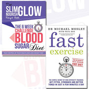 Collection of two paperback books by Clare Bailey and Michael Mosley on blood sugar diet, fasting, and exercise tips.