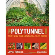 Set of two paperback books by Joyce Russell: The Polytunnel Book and The Polytunnel Handbook, non-fiction gardening guides.