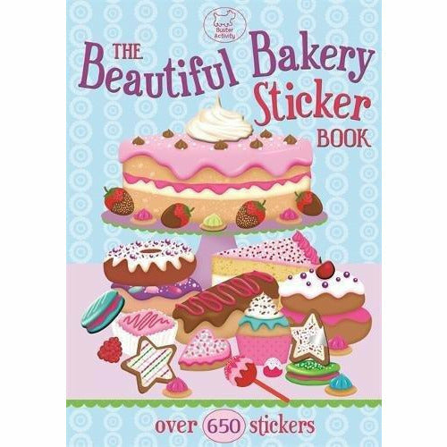 Open paperback Buster Books sticker book with colorful bakery-themed illustrations for kids ages 5–7, featuring fun activity pages.