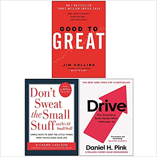 Collection of three non-fiction books by Jim Collins and Richard Carlson, including "Good To Great," "Don't Sweat The Small Stuff," and "Drive."