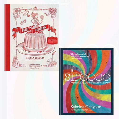 Sirocco and Pride and Pudding hardcover cookbook set by Sabrina Ghayour, featuring Middle Eastern recipes and vibrant dish photos.