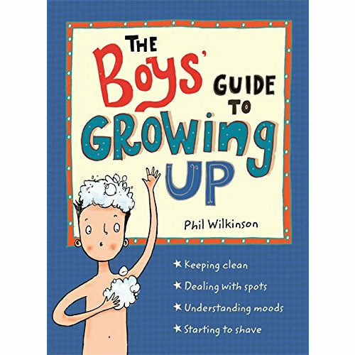 Book cover of "The Boys' Guide to Growing Up" by Phil Wilkinson, published by Wren & Rook, featuring illustrations and title text.