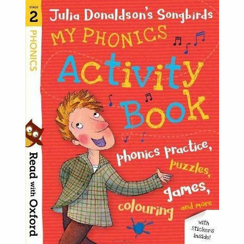 Set of four Oxford Read With Oxford My Phonics Activity Books from Stage 1 to 4 by Julia Donaldson, ideal for early reading skills.