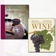 Two hardcover wine books from the World Atlas of Wine collection by Andrew Jefford and Hugh Johnson, featuring colorful wine maps and illustrations.