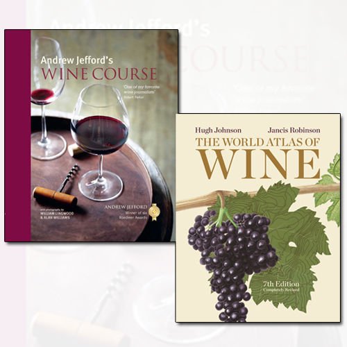 Two hardcover wine books from the World Atlas of Wine collection by Andrew Jefford and Hugh Johnson, featuring colorful wine maps and illustrations.