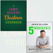 Jamie Oliver Christmas cookbook and 5 ingredients recipe books, hardcover set by Iota Publishing featuring festive culinary guides.