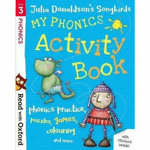 Set of four Read With Oxford My Phonics Activity Books (Stages 1-4) by Julia Donaldson, featuring colorful illustrations and engaging activities.