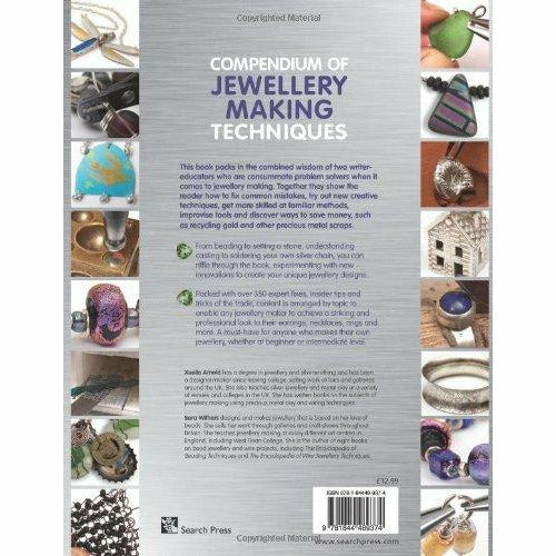 Open paperback of "Compendium of Jewellery Making Techniques" by Xuella Arnold and Sara Withers, showing pages with jewelry design tips.