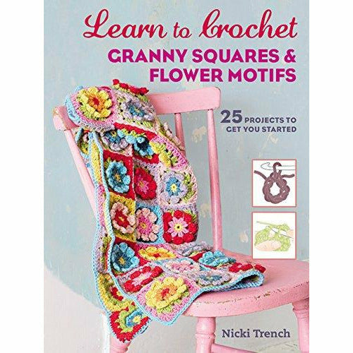 Paperback book titled "Learn to Crochet Granny Squares and Flower Motifs" by Nicki Trench, featuring colorful crochet pattern illustrations.