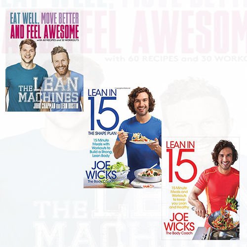 Joe Wicks Lean Machines book set featuring "Lean in 15" and "The Shape Plan" paperback collection in bluebird design.