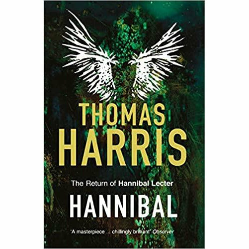 Paperback copy of Hannibal by Thomas Harris, featuring the book cover with a dark, ominous design.