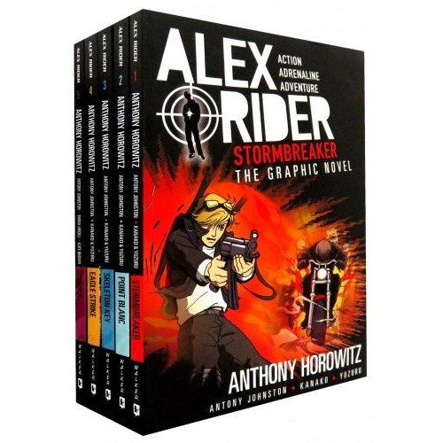Set of five Alex Rider graphic novels by Anthony Horowitz, featuring paperback editions with dynamic cover art.