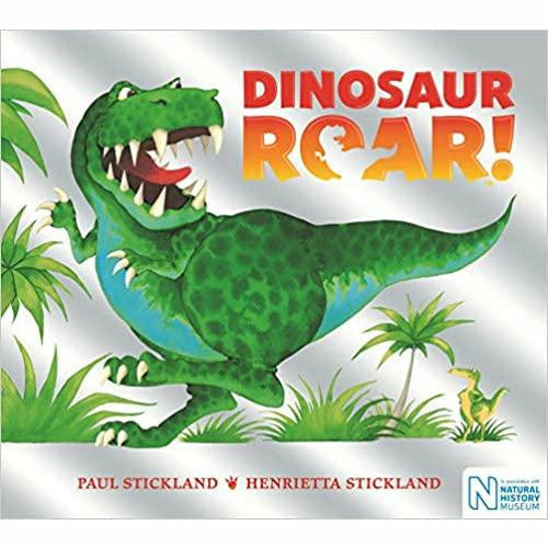 Children's paperback book "Dinosaur Roar!" by Paul and Henrietta Stickland, featuring colorful dinosaur illustrations for ages 3-5.