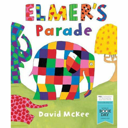 Illustration from Elmer's Parade World Book Day by David McKee, featuring the colorful patchwork elephant character.
