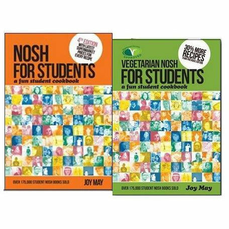 Joy May's Nosh for Students cookbook set featuring colorful paperback student-friendly recipes and cooking tips.