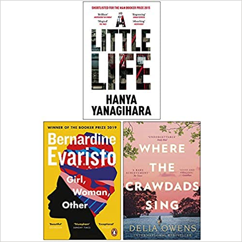 Three paperback fiction books including A Little Life, Girl, Woman, Other, and Where the Crawdads Sing by Picador/Penguin/Corsair