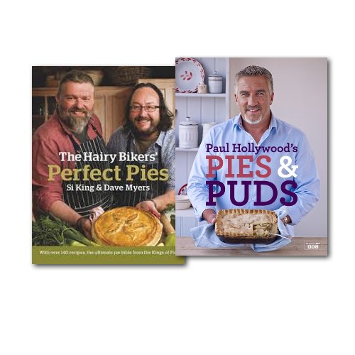 Two hardcover cookbooks from Paul Hollywood's The Hairy Bikers' Perfect Pies and Puds collection, featuring pie and pudding recipes.