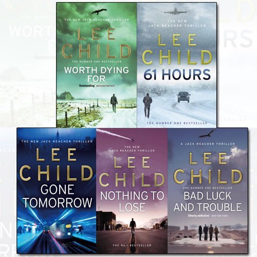 Set of five Jack Reacher series paperback books by Lee Child, featuring crime fiction and action stories in Bantam editions.
