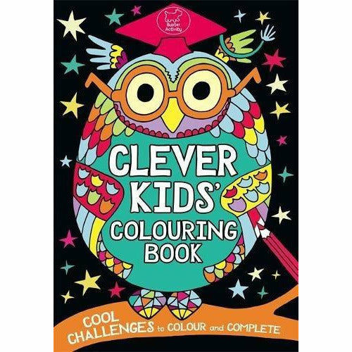 The Clever Kids' Colouring Book by The Book Bundle featuring coloring challenges and maze activities on a paperback cover.