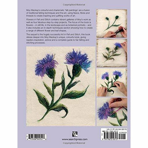 Book cover of "Flowers in Felt & Stitch" by Moy Mackay, featuring colorful felt flowers and stitched details on a paperback.