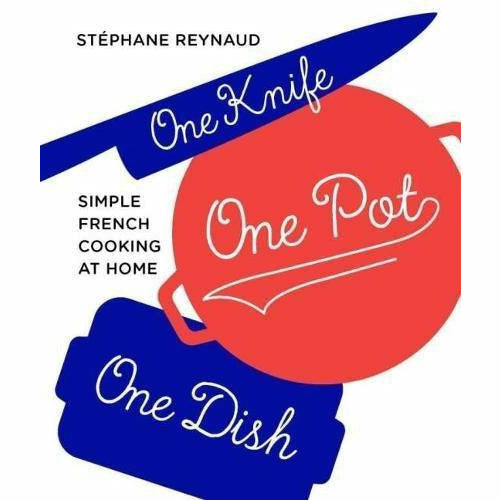 Hardcover book titled "One Knife, One Pot, One Dish" by Stéphane Reynaud, featuring French cooking recipes on the cover.