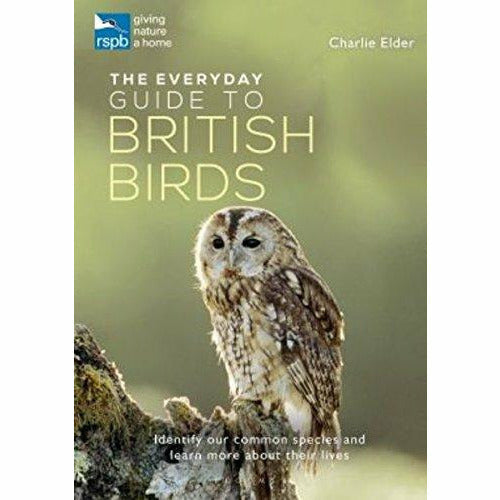 Paperback book titled "The RSPB Everyday Guide to British Birds" by Charlie Elder, featuring colorful bird illustrations on the cover.