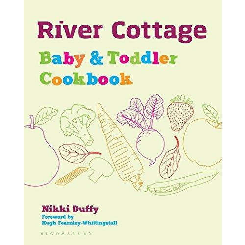 Set of three baby and toddler cookbooks including River Cottage Baby Food Matters, with colorful food images and recipe pages.