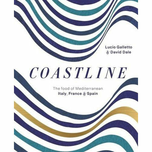 Hardcover book titled "Coastline: The Food of Mediterranean Italy, France and Spain" by Lucio Galletto, featuring colorful Mediterranean dishes.