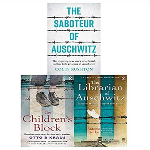Three paperback books in a collection set featuring The Saboteur of Auschwitz, The Librarian of Auschwitz, by Summersdale/Ebury Press.
