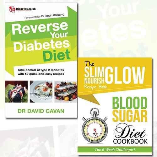 Two paperback books from the Reverse Your Diabetes Diet collection by Dr. David Cavan and Cook Vitality, focusing on blood sugar management.