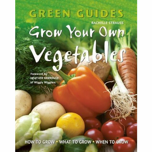 Paperback book titled "Grow Your Own Vegetables" by Rachelle Strauss, showing a green-themed cover with gardening illustrations.